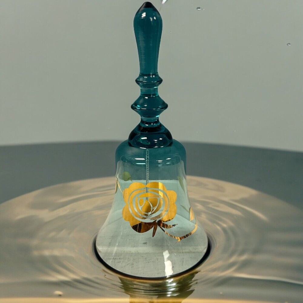 Vtg Blue Gold Flower Mouth Blown Bell by Crystal Clear‎ Glass Made In Hungary